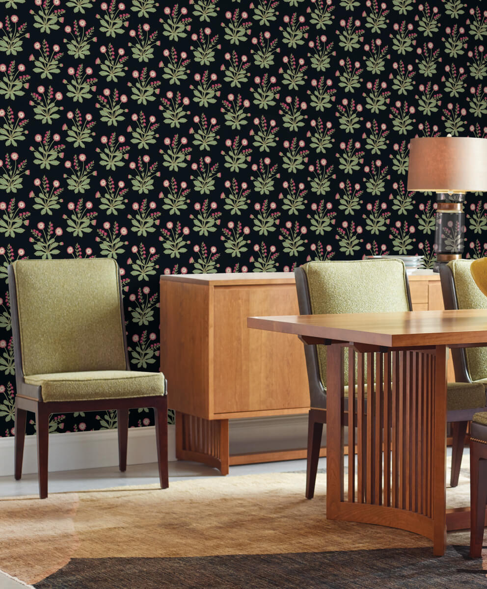 Ronald Redding Arts & Crafts Meadow Flowers Wallpaper - Black & Rose