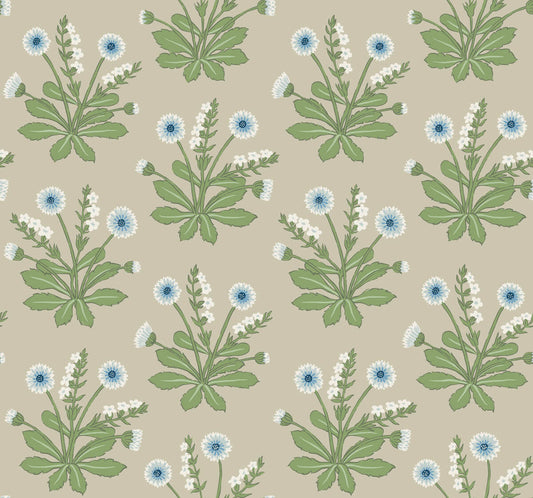 Ronald Redding Arts & Crafts Meadow Flowers Wallpaper - Linen & Blue