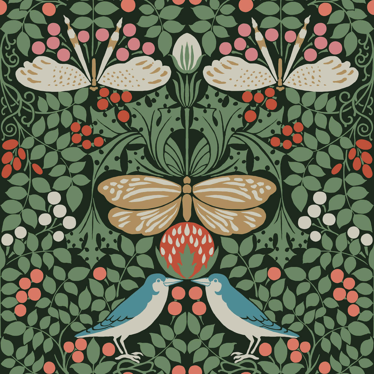 Ronald Redding Arts & Crafts Butterfly Garden Wallpaper - Green