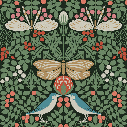Ronald Redding Arts & Crafts Butterfly Garden Wallpaper - Green