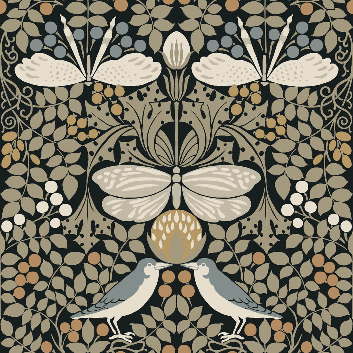 Ronald Redding Arts & Crafts Butterfly Garden Wallpaper - Black