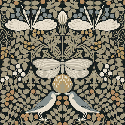 Ronald Redding Arts & Crafts Butterfly Garden Wallpaper - Black