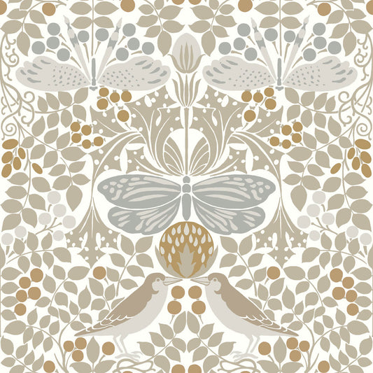 Ronald Redding Arts & Crafts Butterfly Garden Wallpaper - White