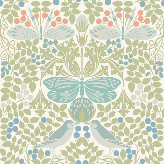Ronald Redding Arts & Crafts Butterfly Garden Wallpaper - Green & Blue