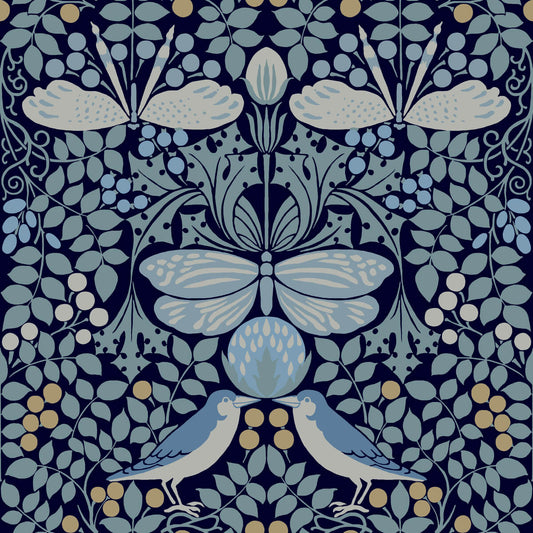 Ronald Redding Arts & Crafts Butterfly Garden Wallpaper - Blue