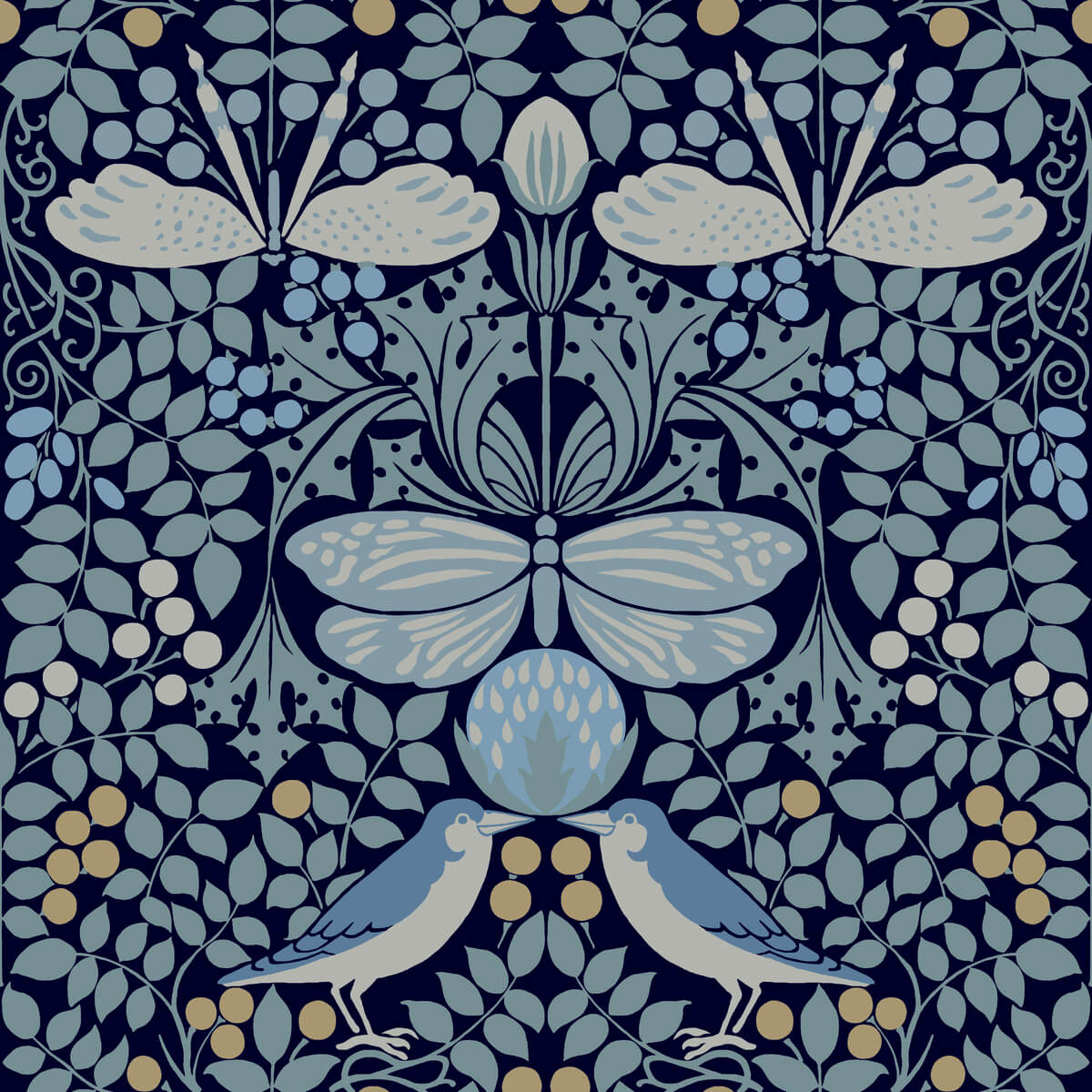 Ronald Redding Arts & Crafts Butterfly Garden Wallpaper - Blue