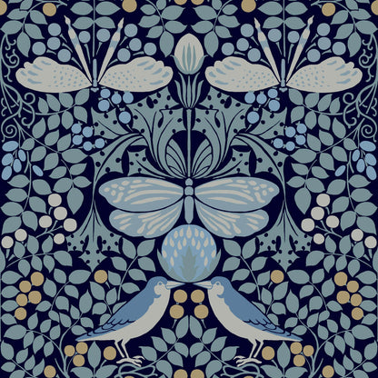 Ronald Redding Arts & Crafts Butterfly Garden Wallpaper - Blue