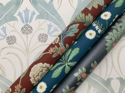 Ronald Redding Arts & Crafts Pine Cone Ribbon Wallpaper - Teal