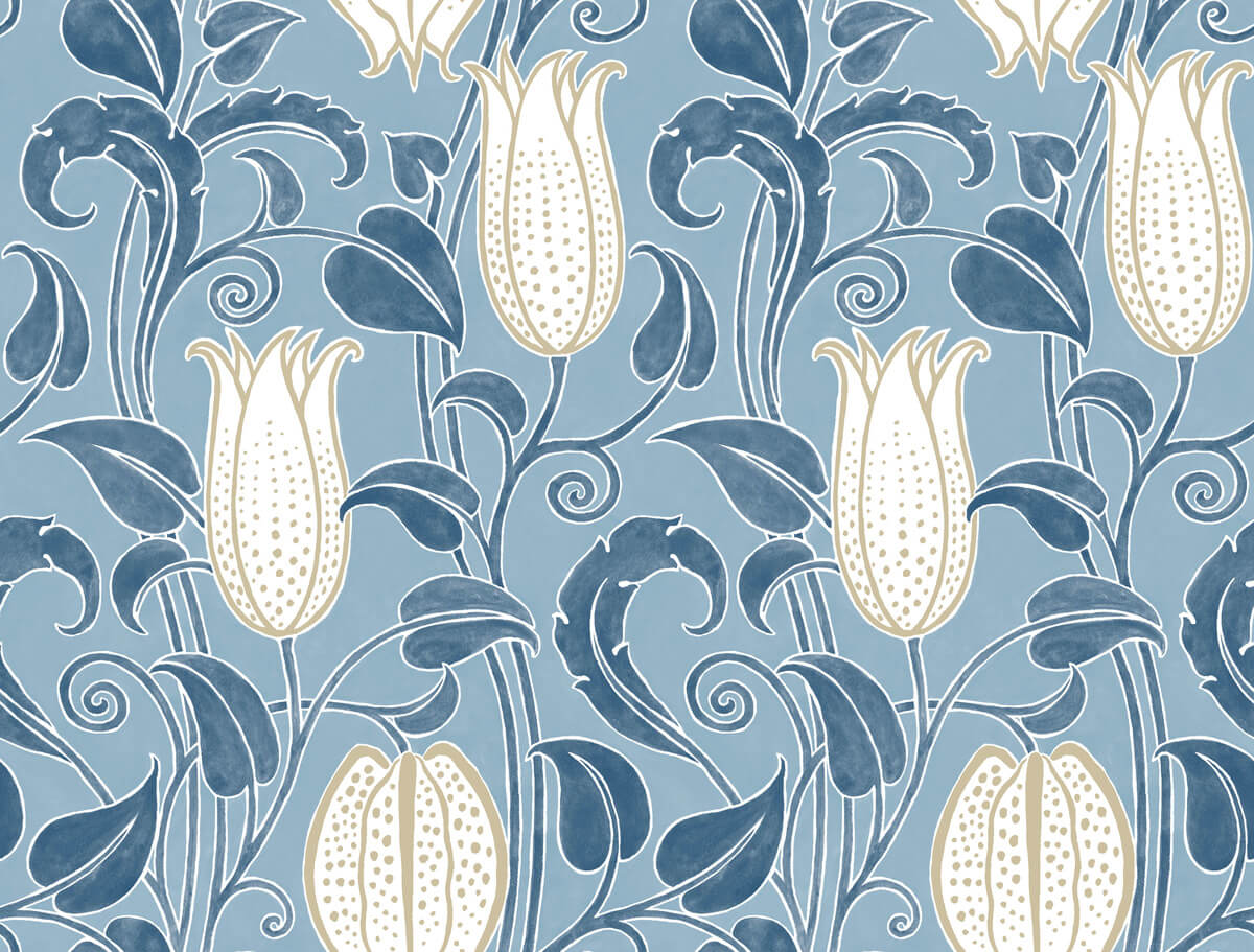 Ronald Redding Arts & Crafts Canterbury Bells Wallpaper - Blue
