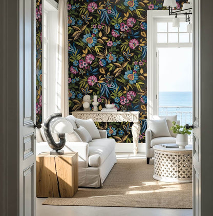 Seabrook Designs Bali Tropical Raya Wallpaper Sample - Metallic Black Jewel
