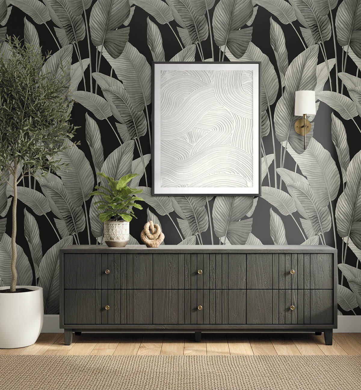Seabrook Designs Bali Tropical Mantra Wallpaper Sample - Metallic Silver
