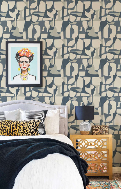 Mitchell Black Abstract Attraction Wallpaper - Denim Slate