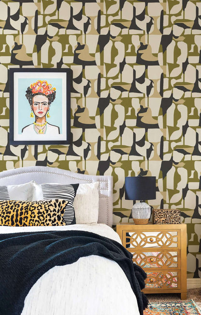 Mitchell Black Abstract Attraction Wallpaper - Olive Charcoal