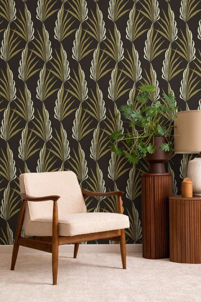 Mitchell Black Areca Palm Wallpaper - Golden Black