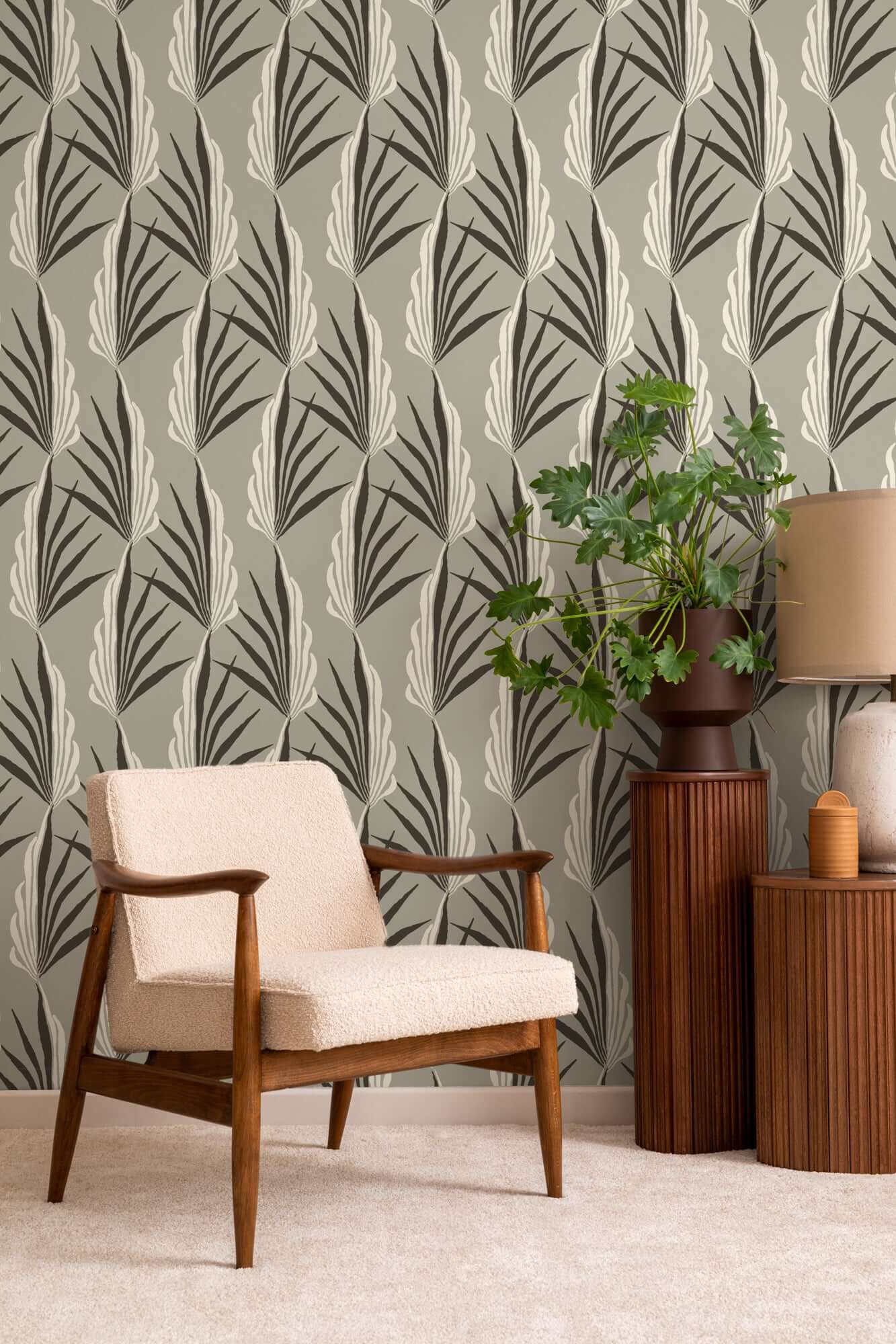 Mitchell Black Areca Palm Wallpaper - Warm Gray