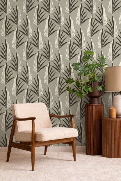 Mitchell Black Areca Palm Wallpaper - Warm Gray