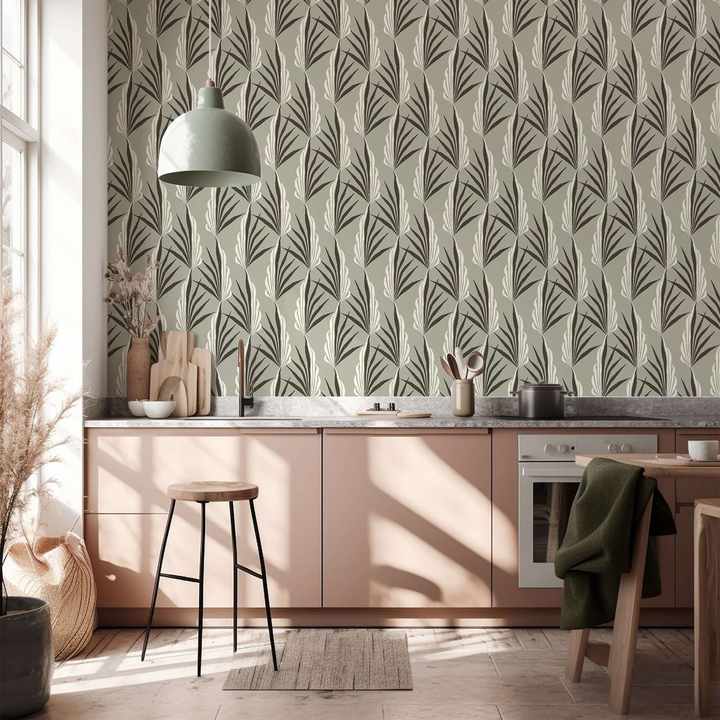 Mitchell Black Areca Palm Wallpaper - Warm Gray