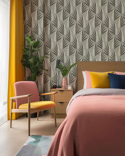Mitchell Black Areca Palm Wallpaper - Warm Gray
