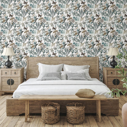 Blooms Second Edition Butterfly House Wallpaper - White & Blue