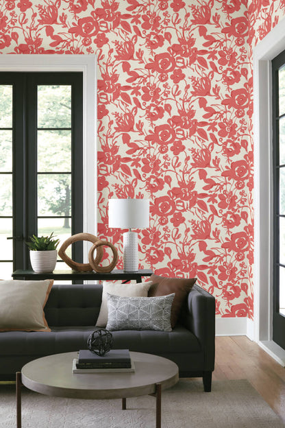 Blooms Second Edition Brushstroke Floral Wallpaper - Coral
