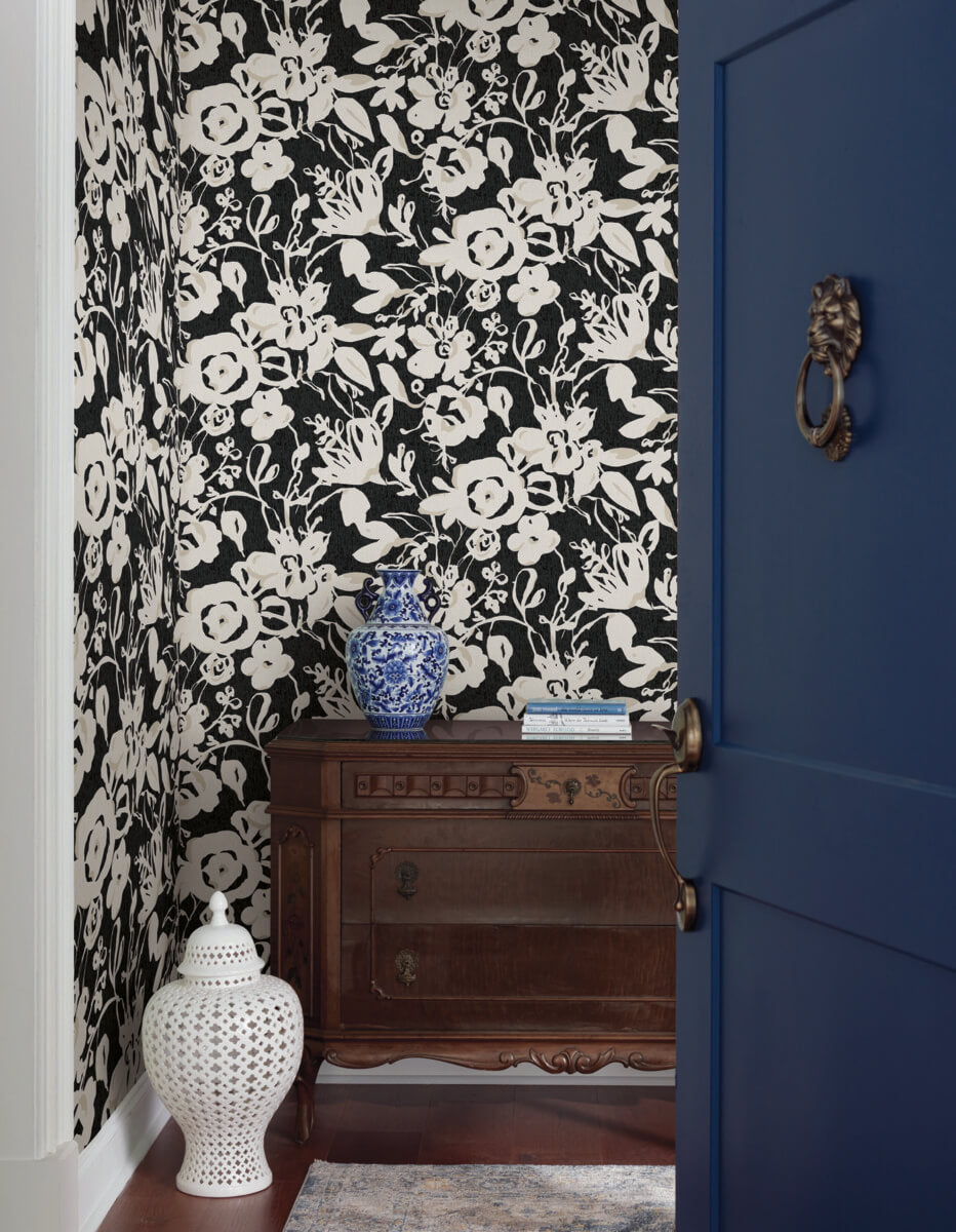 Blooms Second Edition Brushstroke Floral Wallpaper - Black