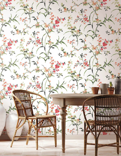 Blooms Second Edition Blossom Branches Wallpaper - White & Red