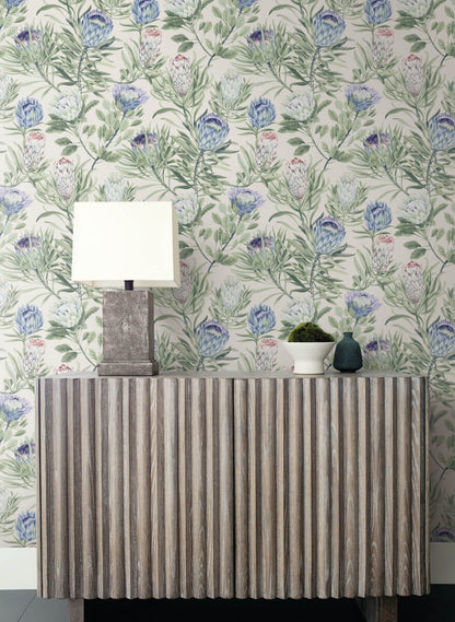 Blooms Second Edition Protea Wallpaper - Cream & Blue
