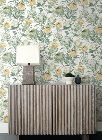 Blooms Second Edition Protea Wallpaper - White & Yellow