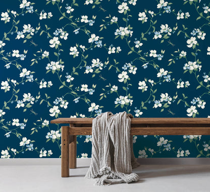 Blooms Second Edition Dogwood Wallpaper - Navy