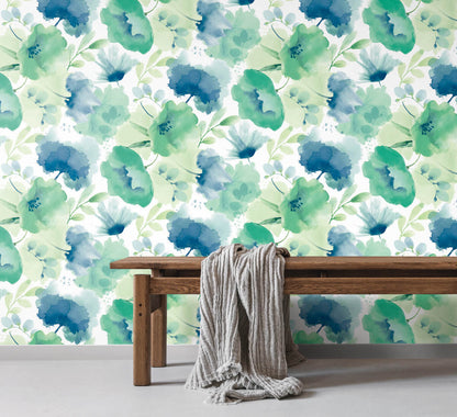Blooms Second Edition Watercolor Bouquet Wallpaper - Blue & Green