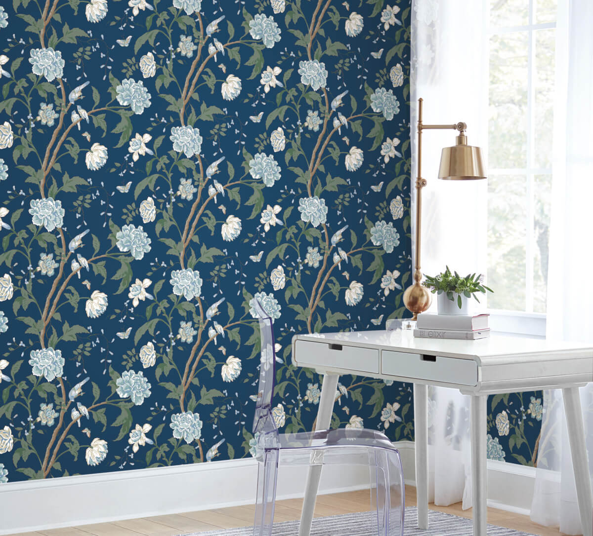 Blooms Second Edition Teahouse Floral Wallpaper - Navy