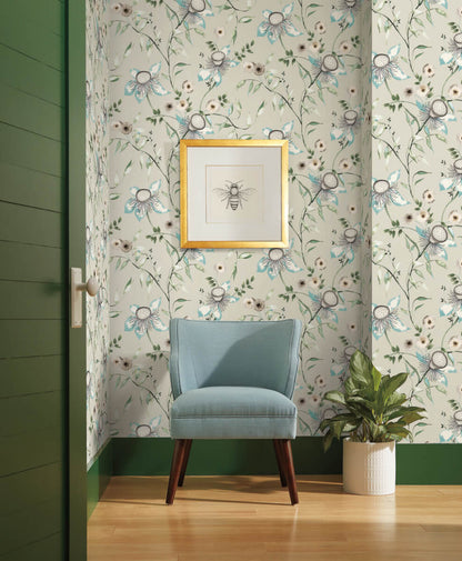Blooms Second Edition Dream Blossom Wallpaper - Taupe & Aqua