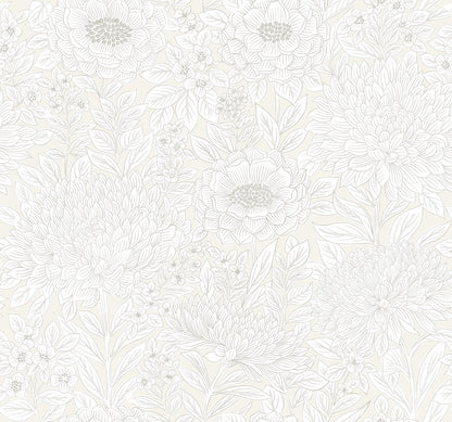 Black & White Resource Library Wood Block Blooms Wallpaper - Cream
