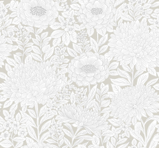 Black & White Resource Library Wood Block Blooms Wallpaper - Taupe & Silver