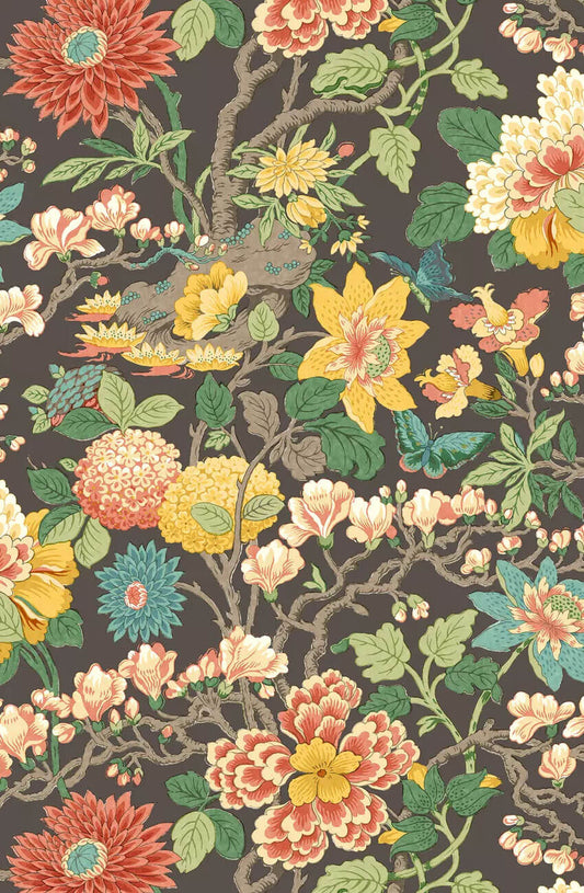 G P & J Baker Originals Little Magnolia Wallpaper - Charcoal & Jewel