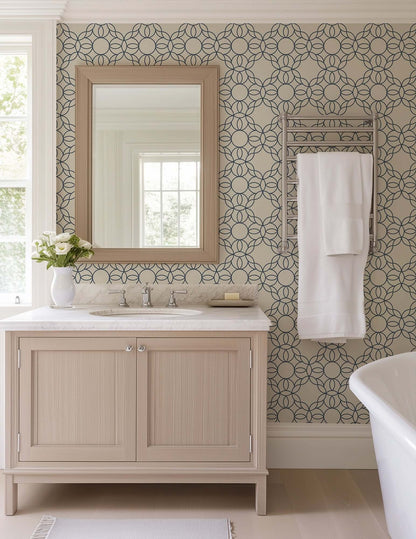Mitchell Black Bloom Ring Wallpaper - Oxford Blue