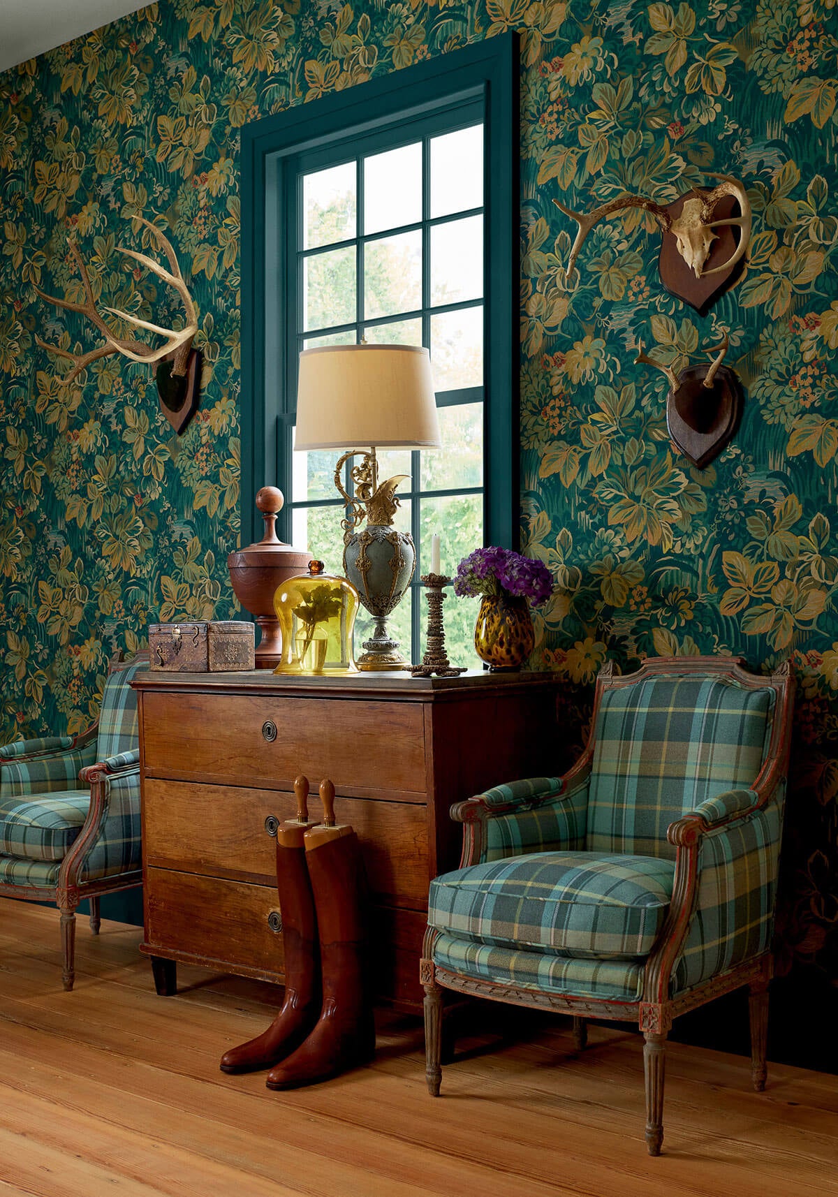 Thibaut Boxwood Night Garden Wallpaper - Peacock