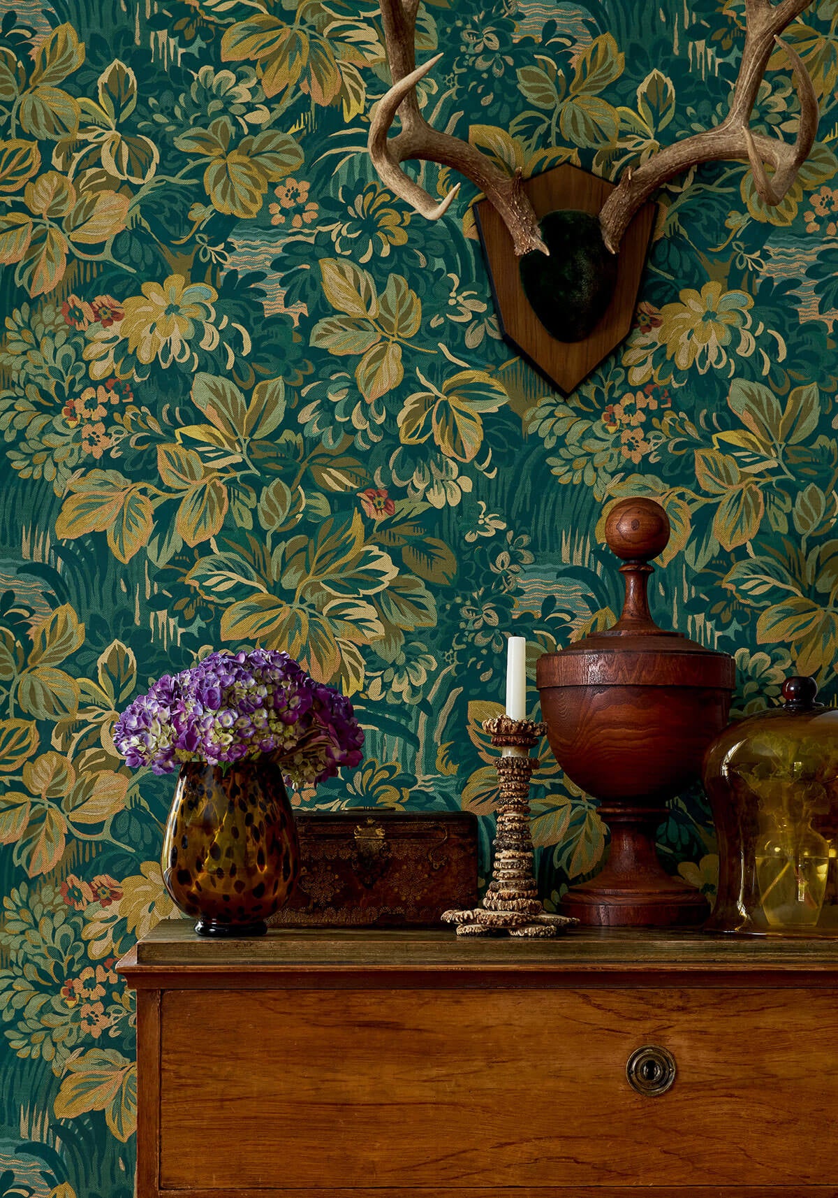 Thibaut Boxwood Night Garden Wallpaper - Peacock