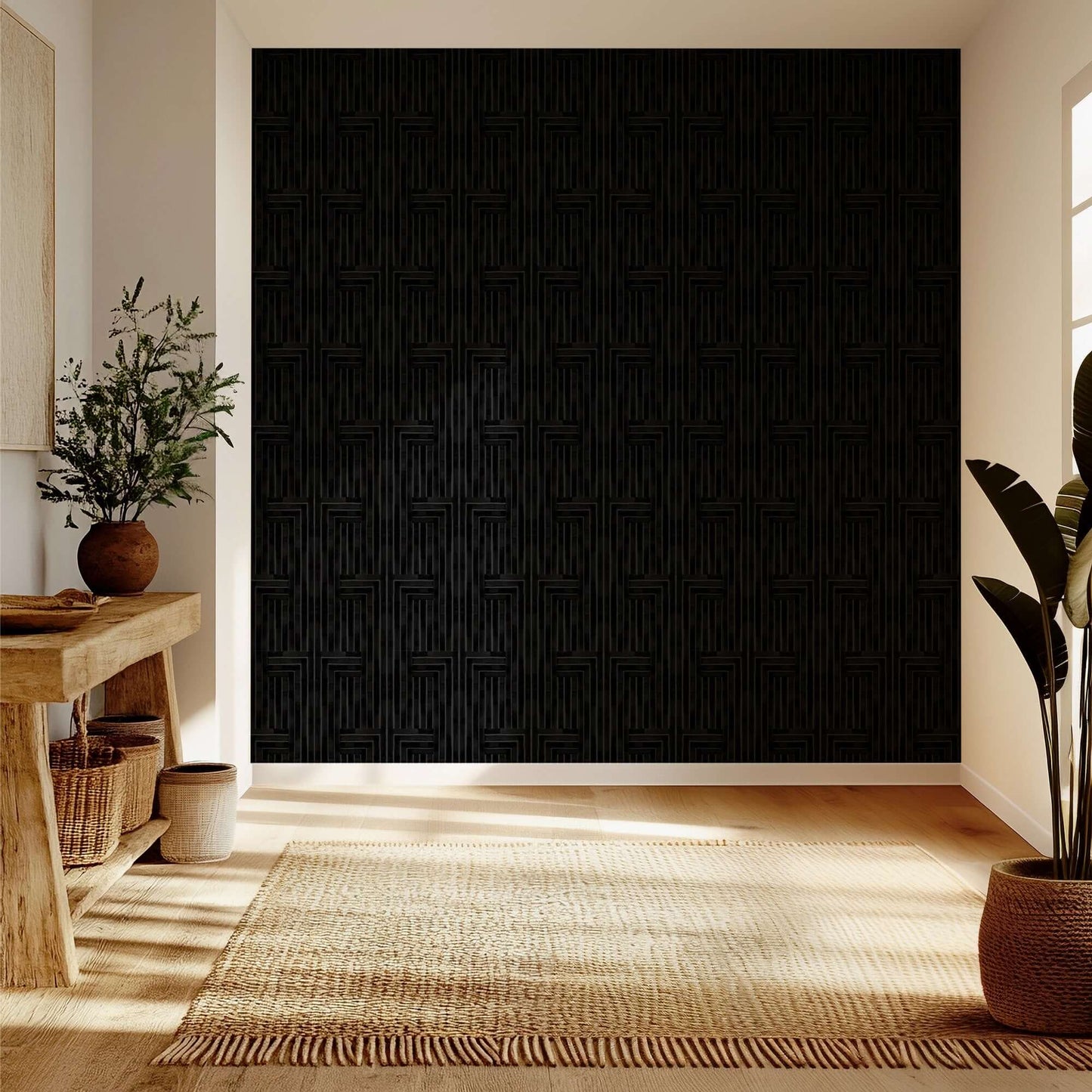 Modern interior with a textured black wall, wooden floor, and decorative plants.