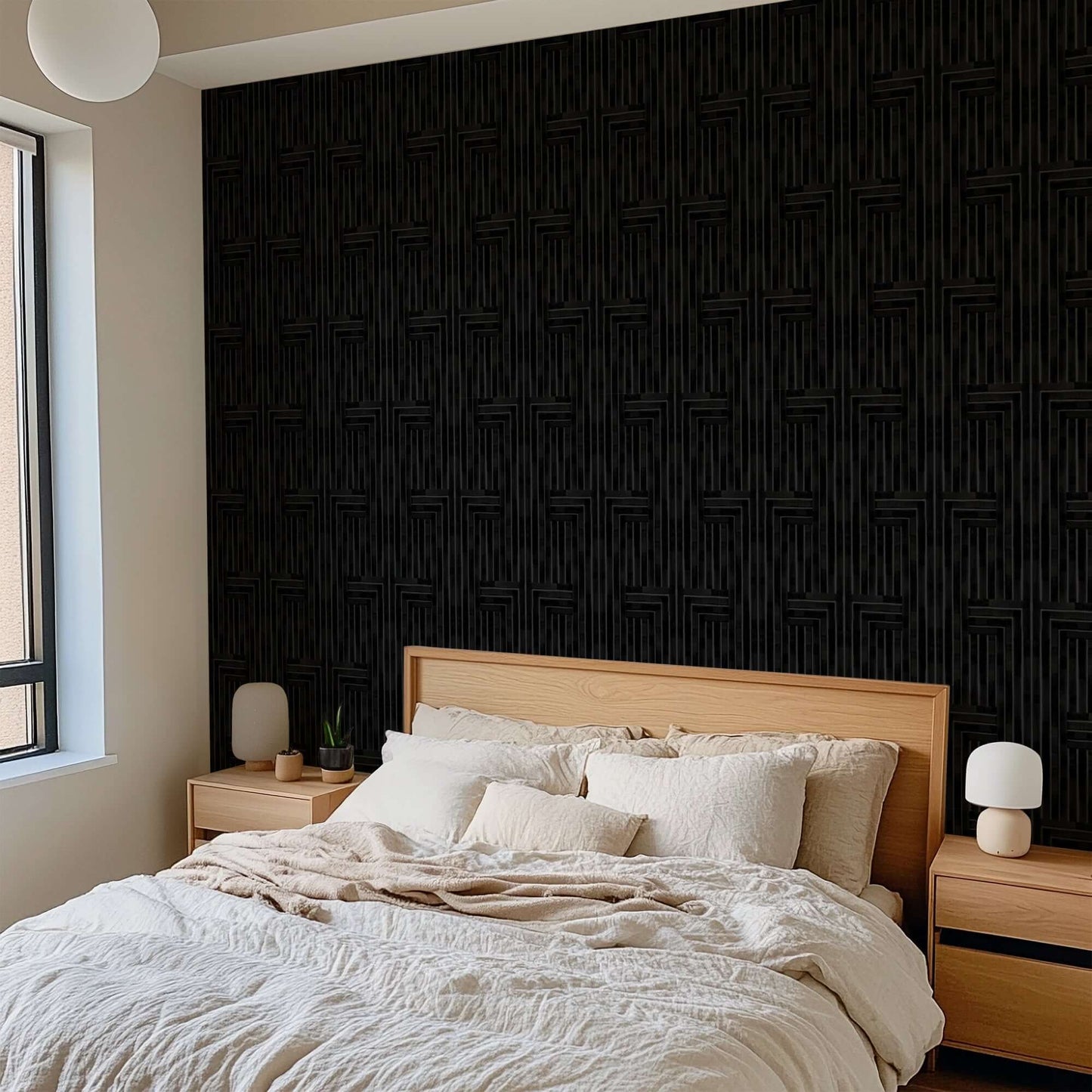 Bedroom with a wooden headboard and textured black wall