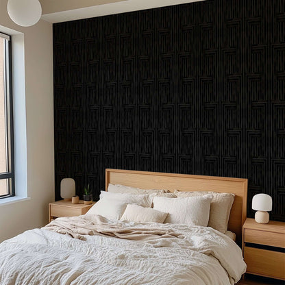 Bedroom with a wooden headboard and textured black wall