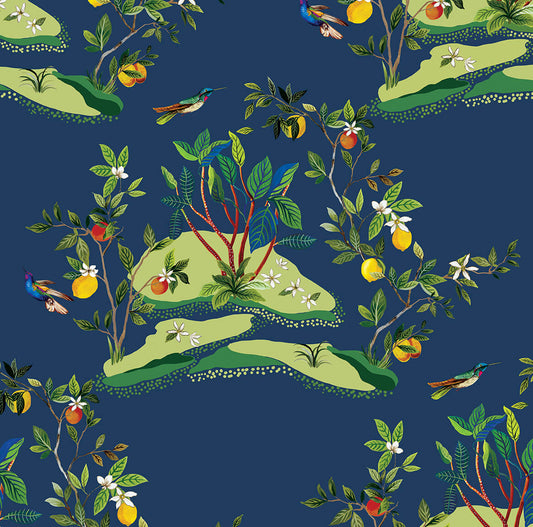 Daisy Bennett West Boulevard Collection Citrus Hummingbird Wallpaper - Navy Blue