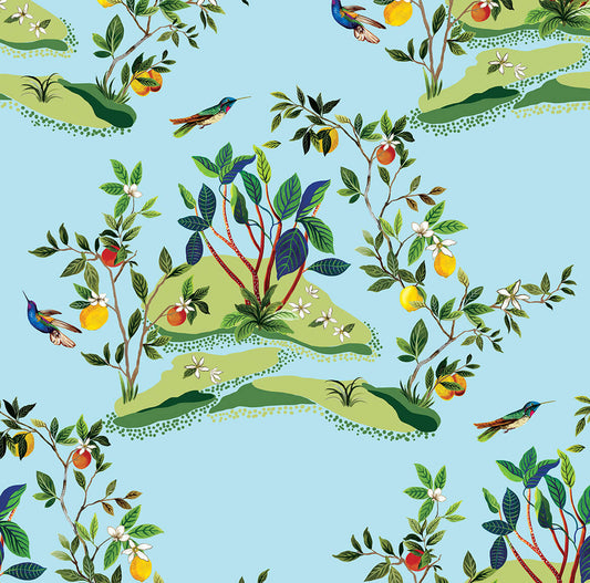 Daisy Bennett West Boulevard Collection Citrus Hummingbird Wallpaper - Sky Blue