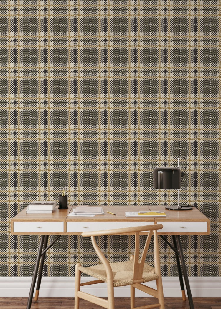 Mitchell Black Co-Ed Clark Plaid Wallpaper - Woodlawn Green