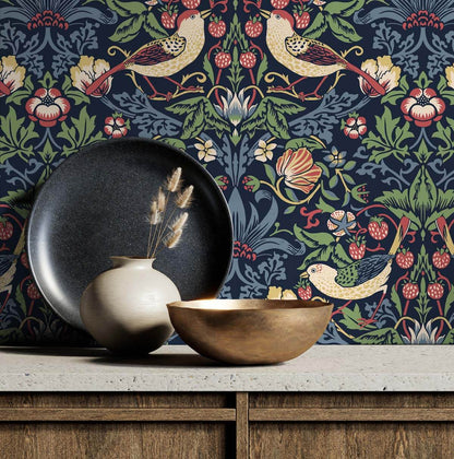 Seabrook Legacy Prints Fragaria Garden Wallpaper - Midnight Blue