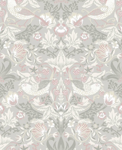 Seabrook Legacy Prints Fragaria Garden Wallpaper - Light Grey & Rose Petal