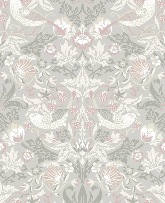 Seabrook Legacy Prints Fragaria Garden Wallpaper - Light Grey & Rose Petal