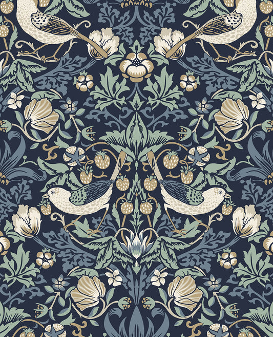 Seabrook Legacy Prints Fragaria Garden Wallpaper - Navy Blue & Aloe