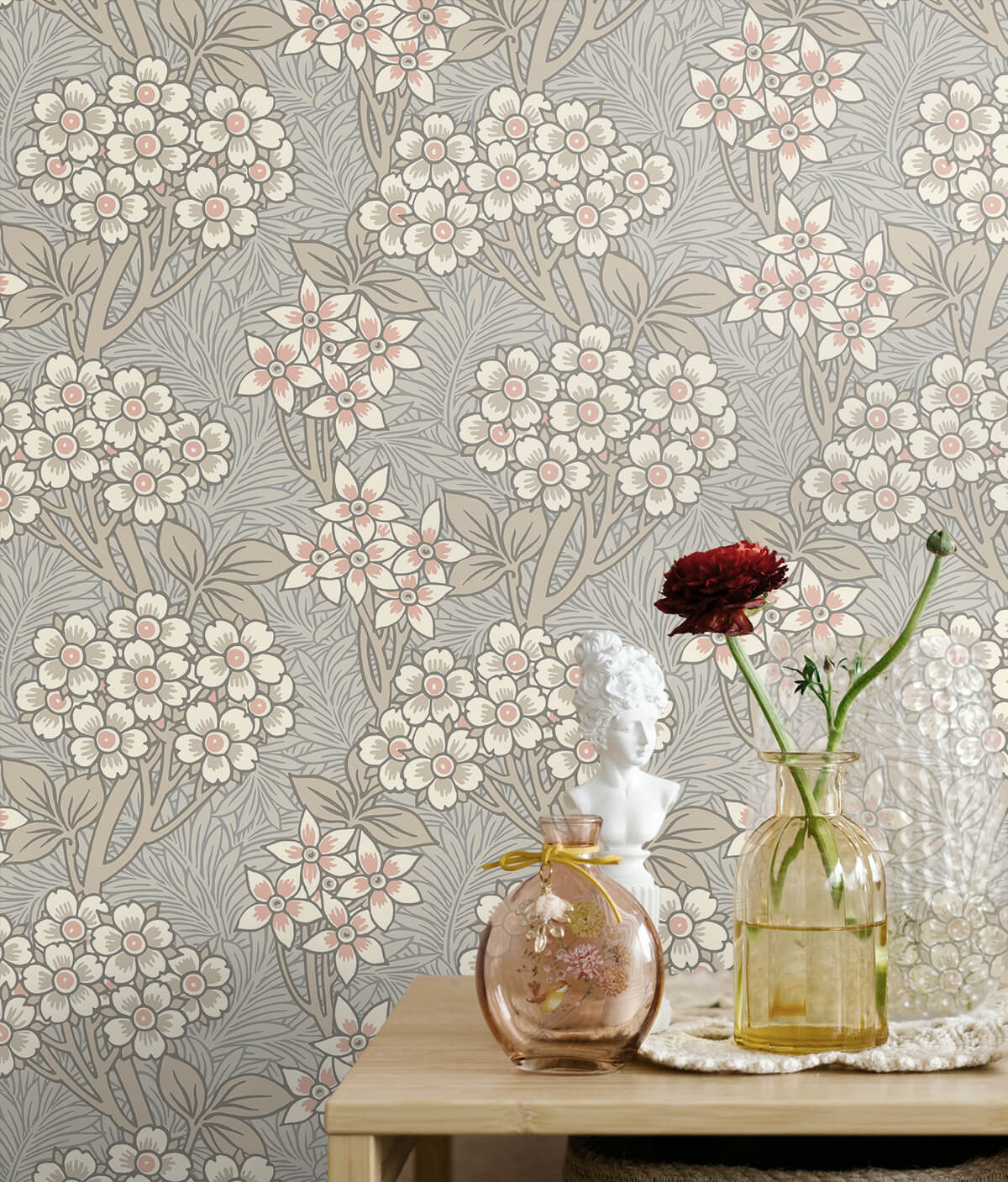Seabrook Legacy Prints Floral Vine Wallpaper - Daydream Grey & Rose Petal