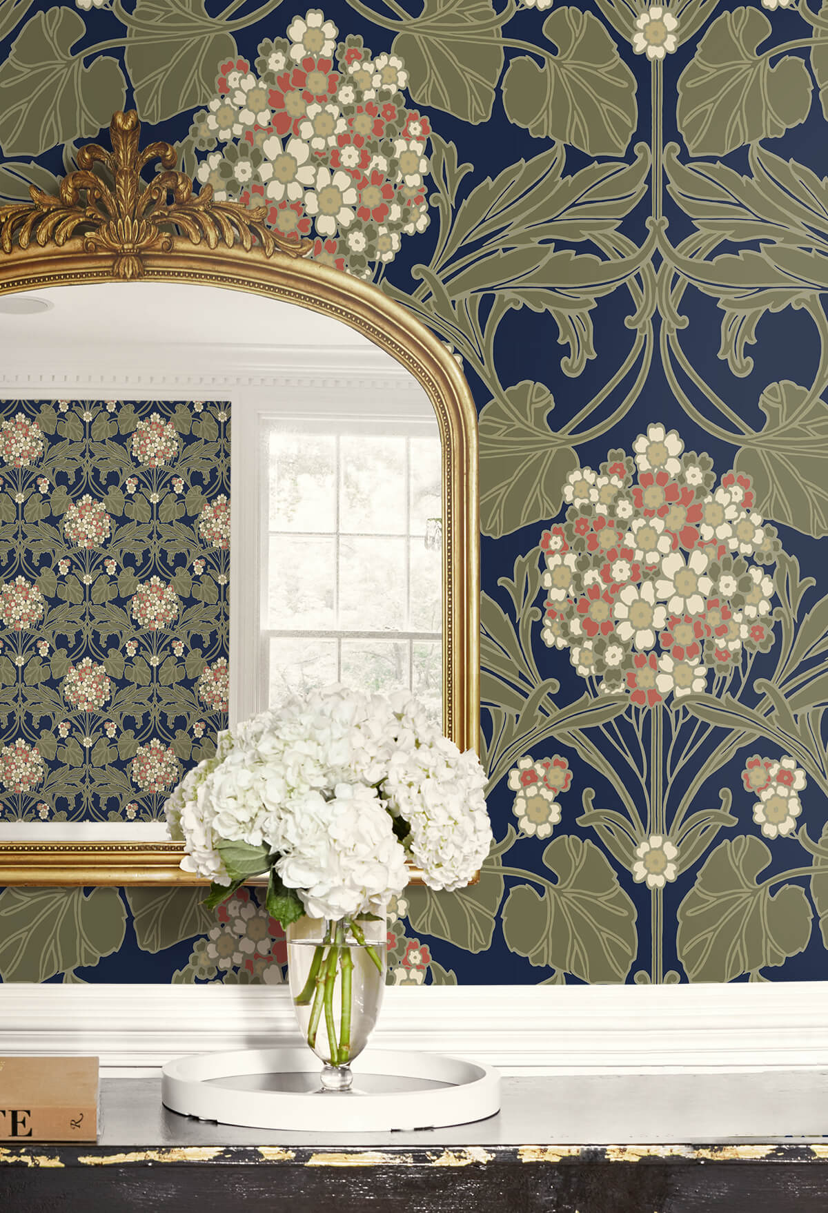 Seabrook Legacy Prints Floral Hydrangea Wallpaper - Navy & Terra Cotta